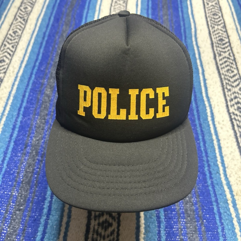 Vintage 80s 90s POLICE Trucker Hat Black Yellow Mesh Snapback Taiwan